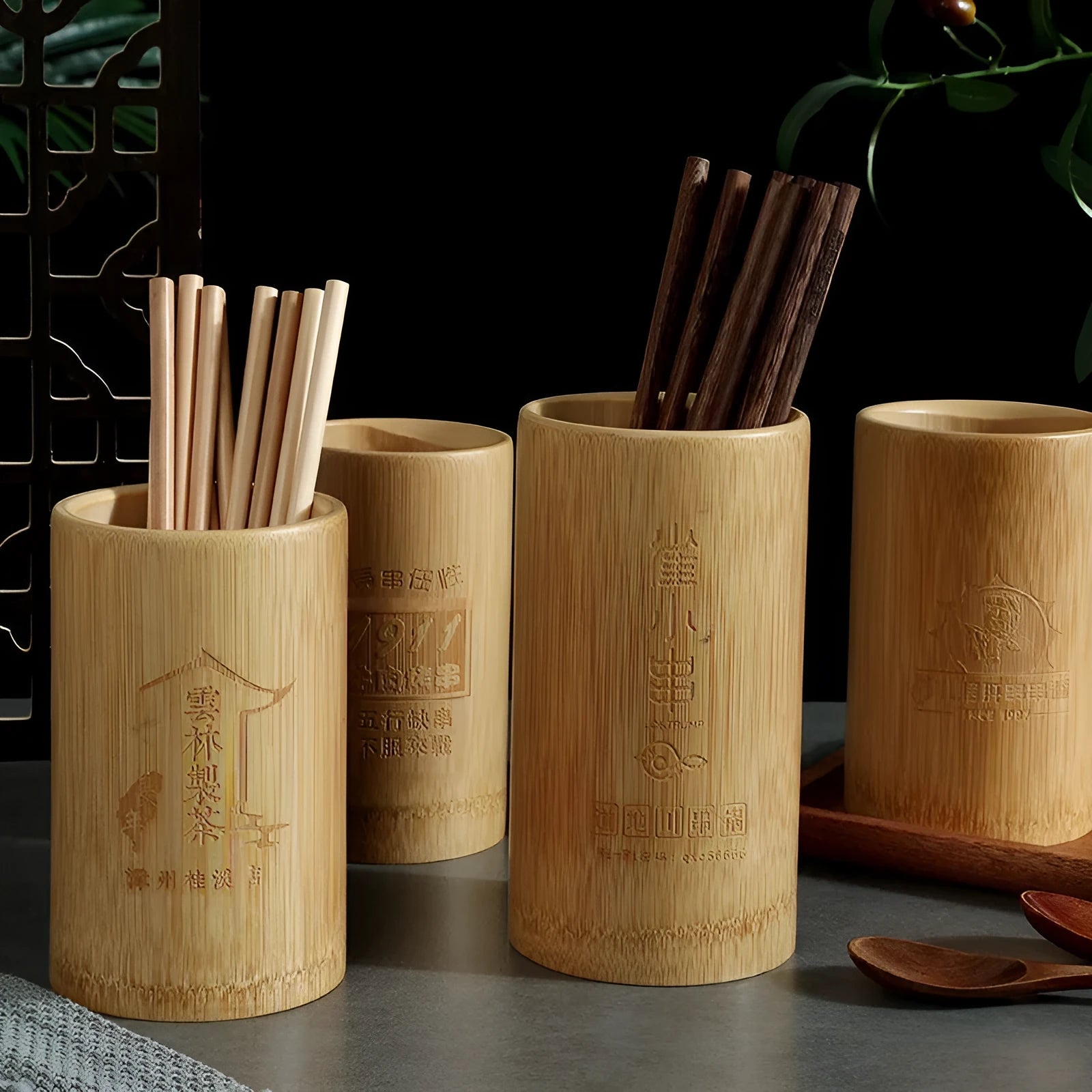 Bamboo chopsticks holder in creative style showing multiple size options for kitchen organisation