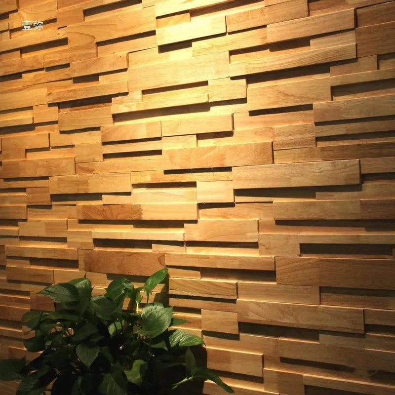 Retro 3D solid wood mosaic wall panel in 300x300mm and 300x600mm sizes with square and rectangular pieces