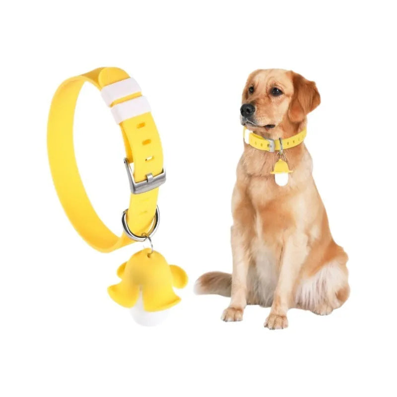 Yellow banana-shaped silicone dog collar light with geometric pattern, USB rechargeable, for night walks