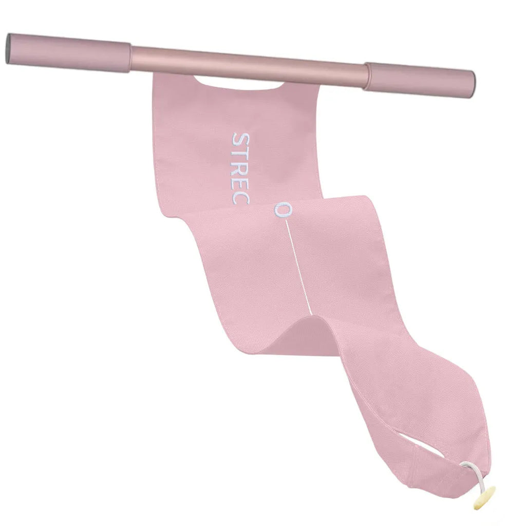 Grey and pink yoga stretching tool for shoulder, back, and hip flexibility exercises.