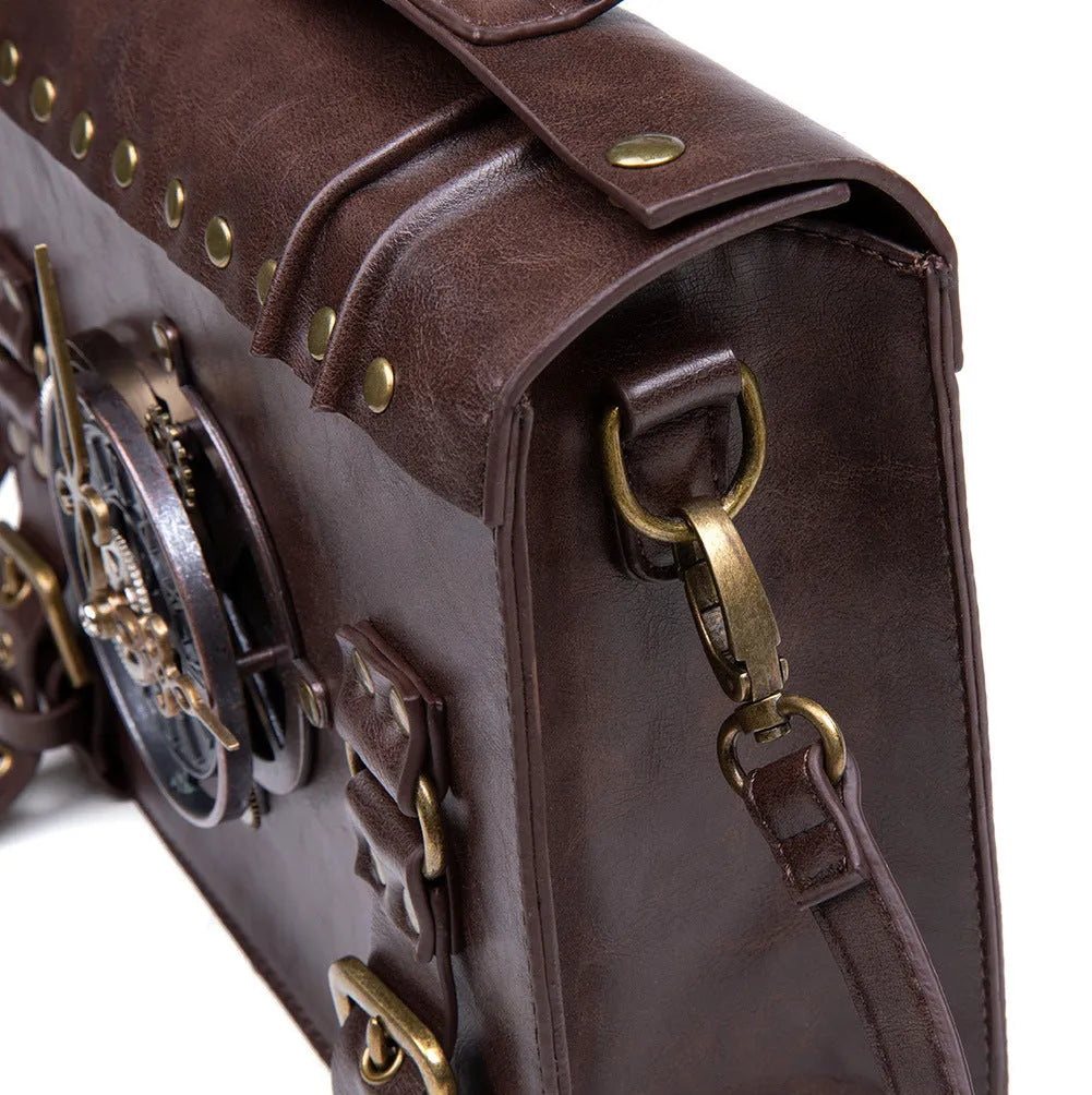 Bronze steampunk industrial retro shoulder bag with metal hardware on horizontal square pillow shape