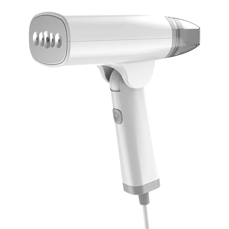 Blue handheld garment steamer with mechanical controls and compact design for portable clothes care