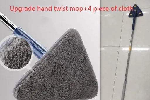 Blue triangle cleaning mop with rotating head and extendable stainless steel pole