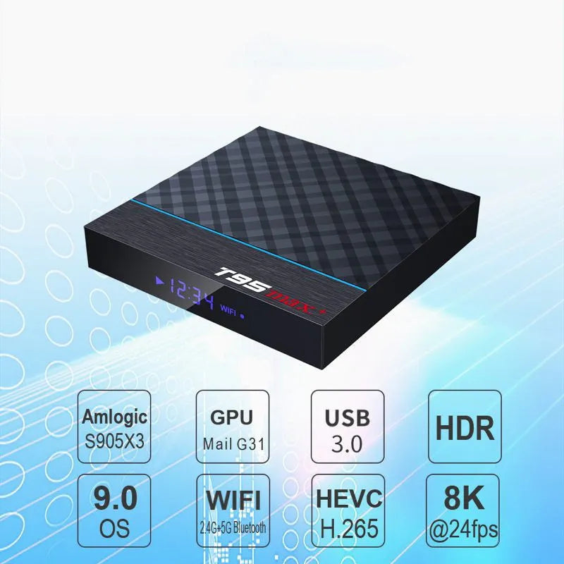 Black T95 Max Plus Android TV box with Amlogic S905X3 chip, showing rear ports and remote.