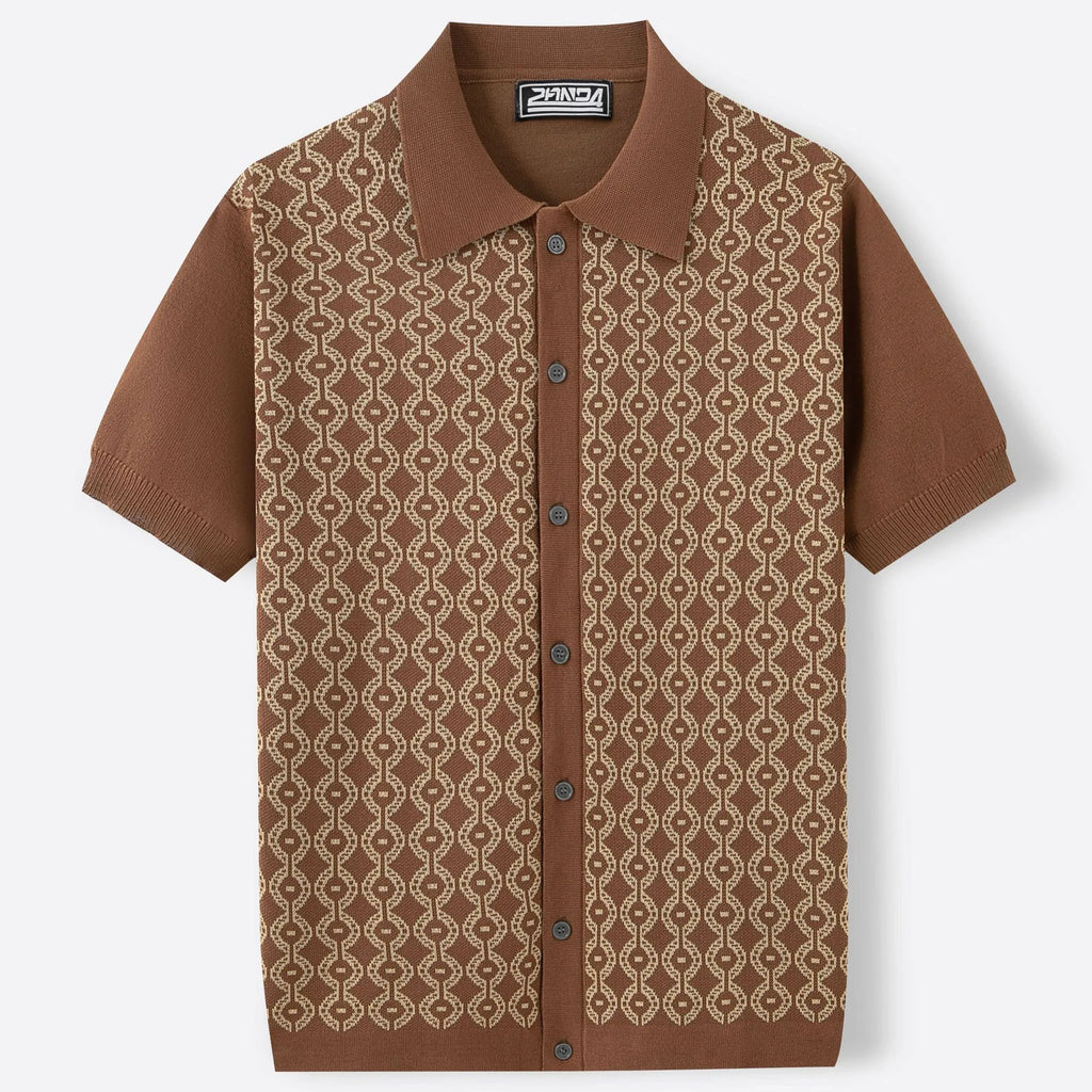 Men's short-sleeved Tencel cardigan with geometric jacquard and flocking, lapel collar, available in black, brown, blue