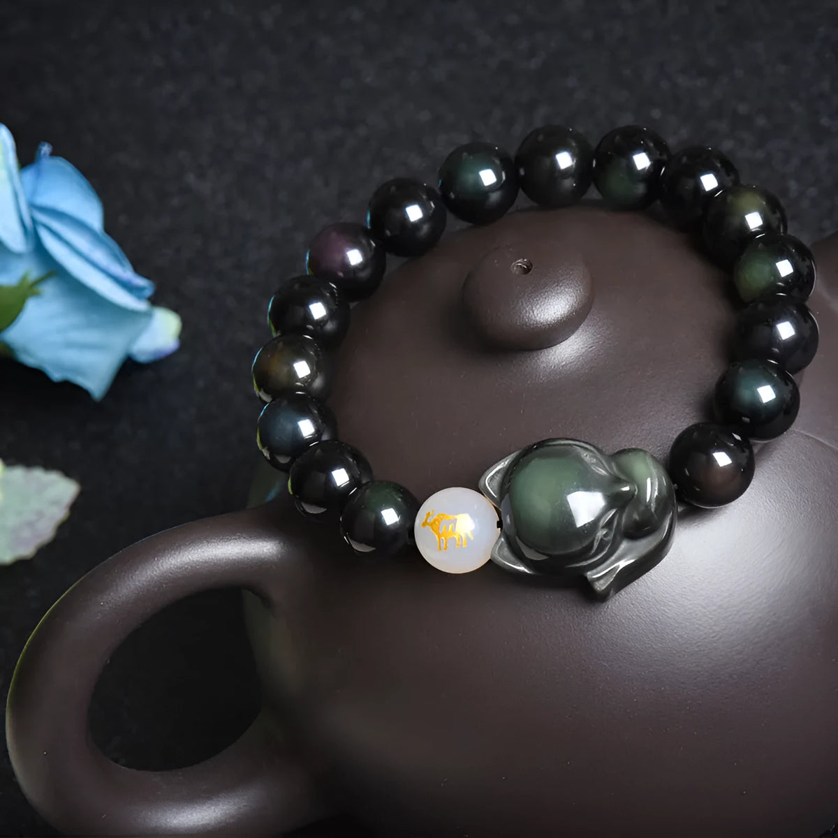 Obsidian stone bracelet with 10mm beads in national style design