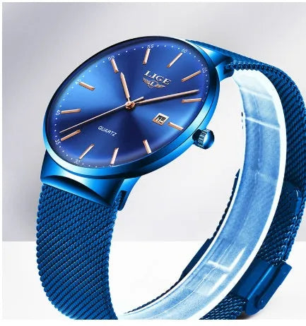 Men's stainless steel watch with 40mm case, shown in black, blue, and black blue colour variations.