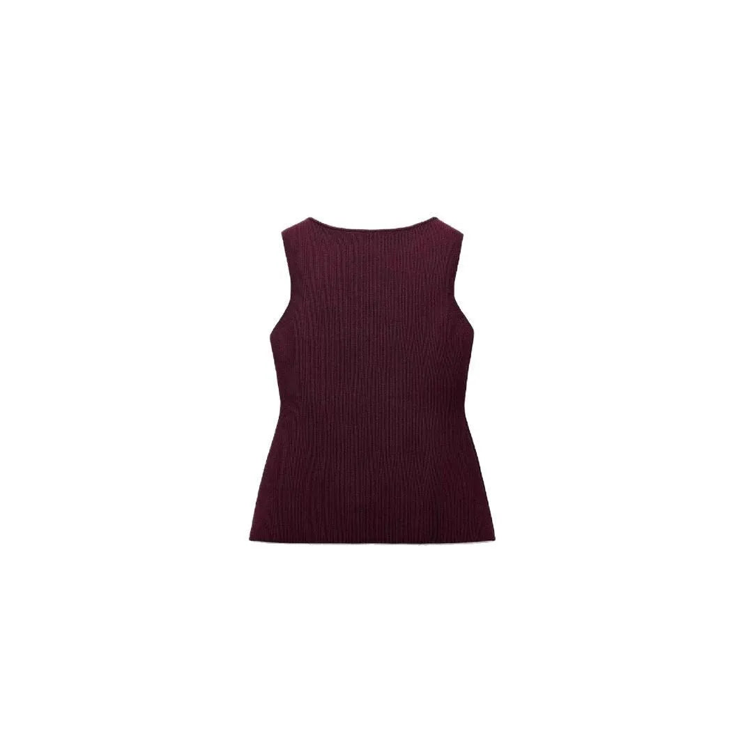 Slim-fit dark red viscose vest with gold buttons and a 3D textured pattern.