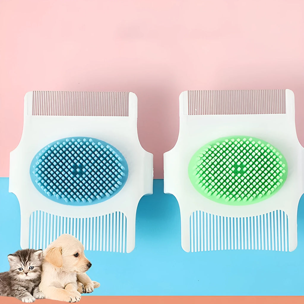 Multifunctional pet comb dog grooming tool in blue or green, compact size 8.5cm by 7.5cm by 2.5cm