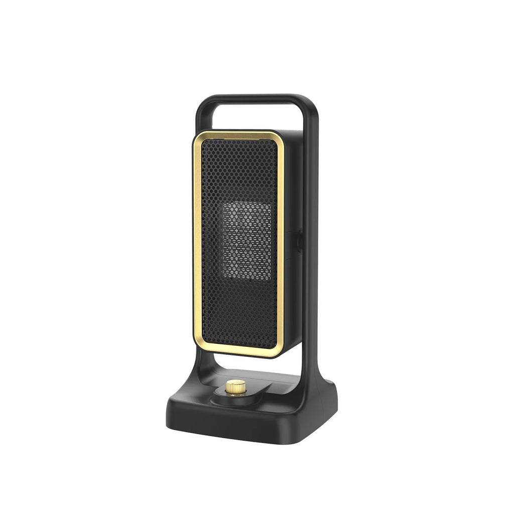 Compact black PTC ceramic desktop heater with control knob on front panel.
