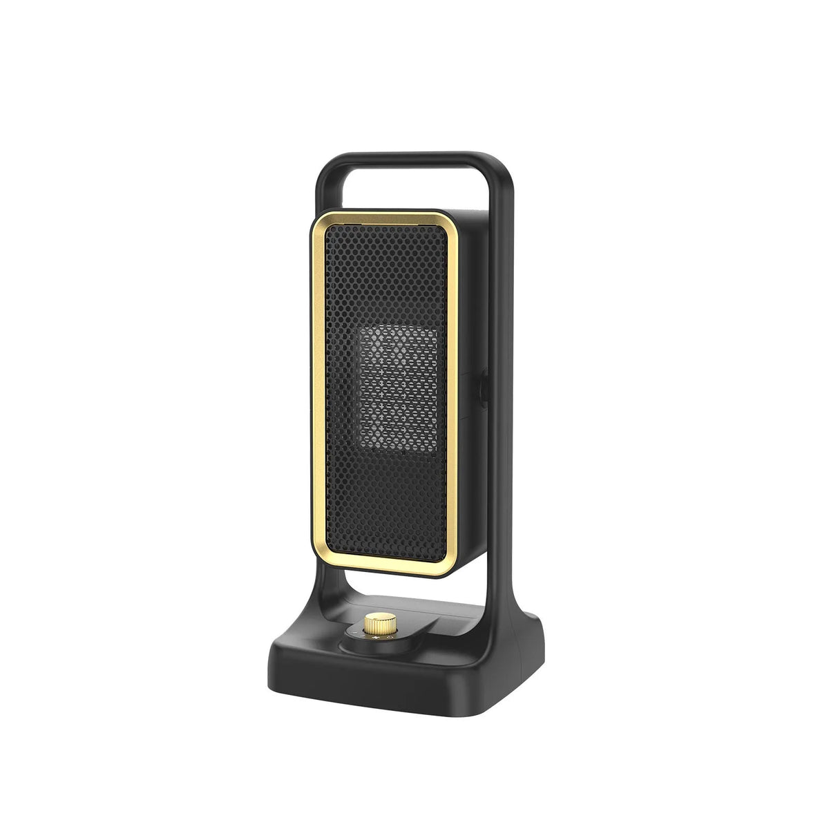 Compact black PTC ceramic desktop heater with control knob on front panel.
