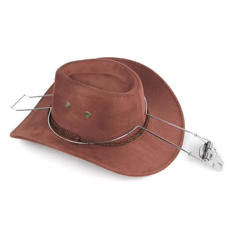 Brown iron car hat stand with a chrome-plated interior hook for storing coats and hats.