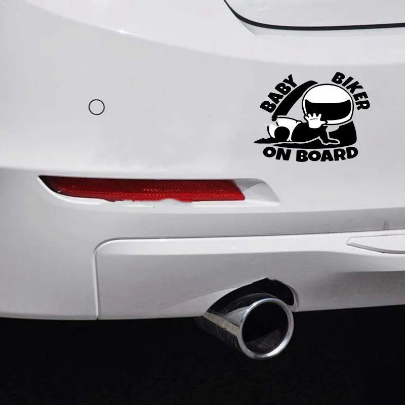 Reflective black and white BABY ON BOARD warning car sticker showing dimensions