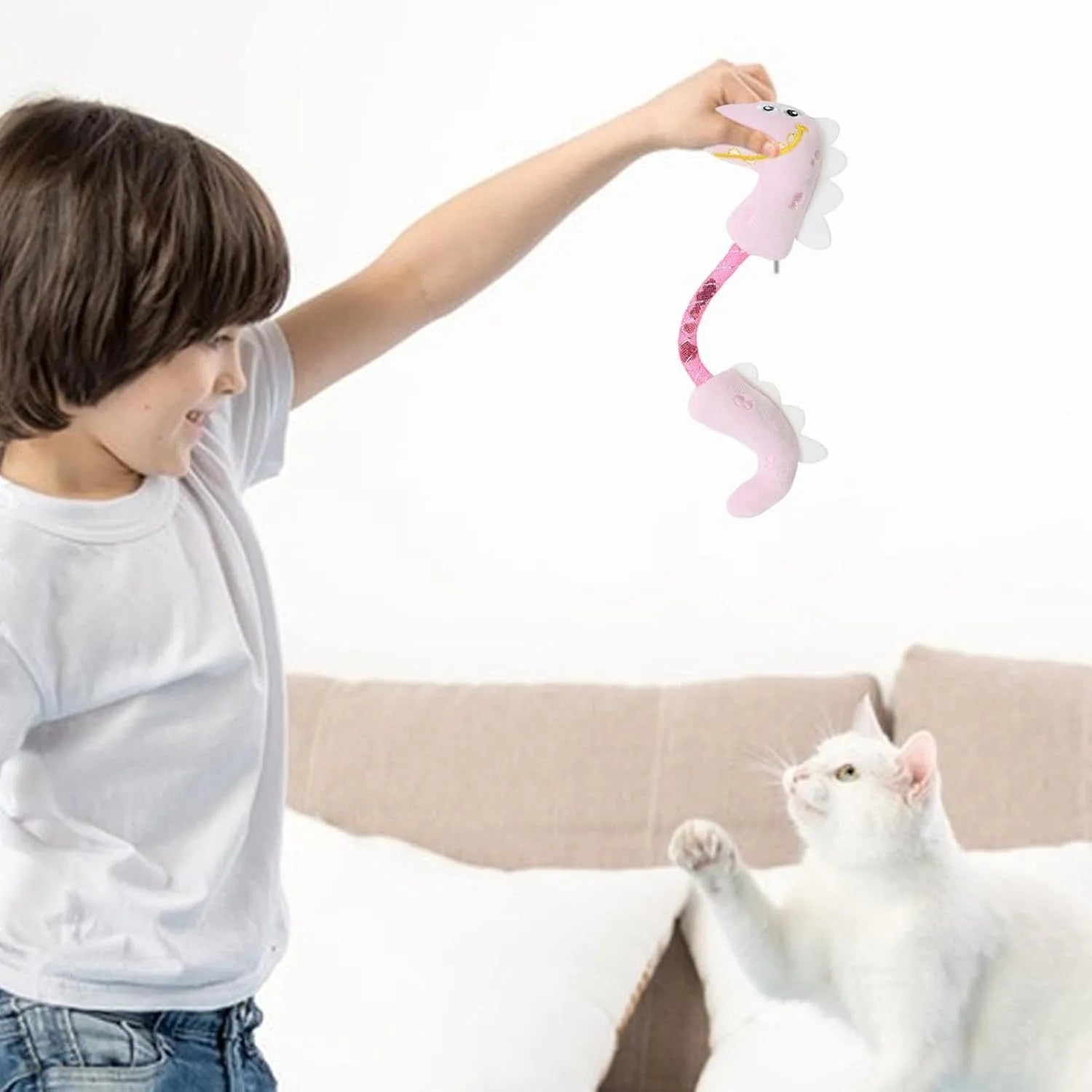Set of four cat toys including rope, spring, and plush types in various colours