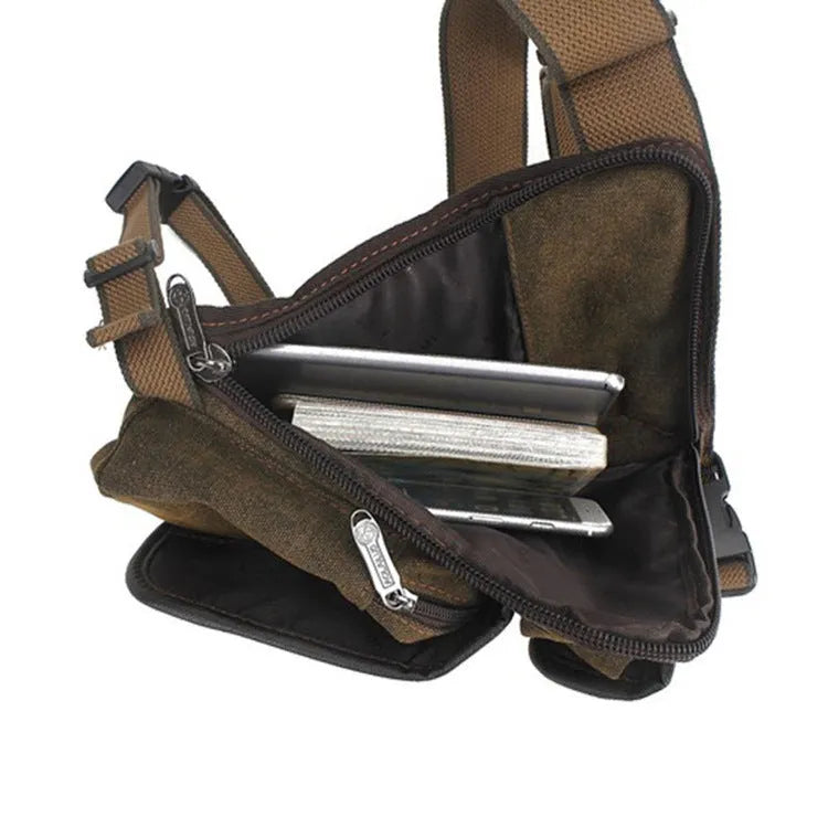 Men's wear-resistant canvas belt bag in black with leather accents and high-precision hardware, 28x14.5x5cm.