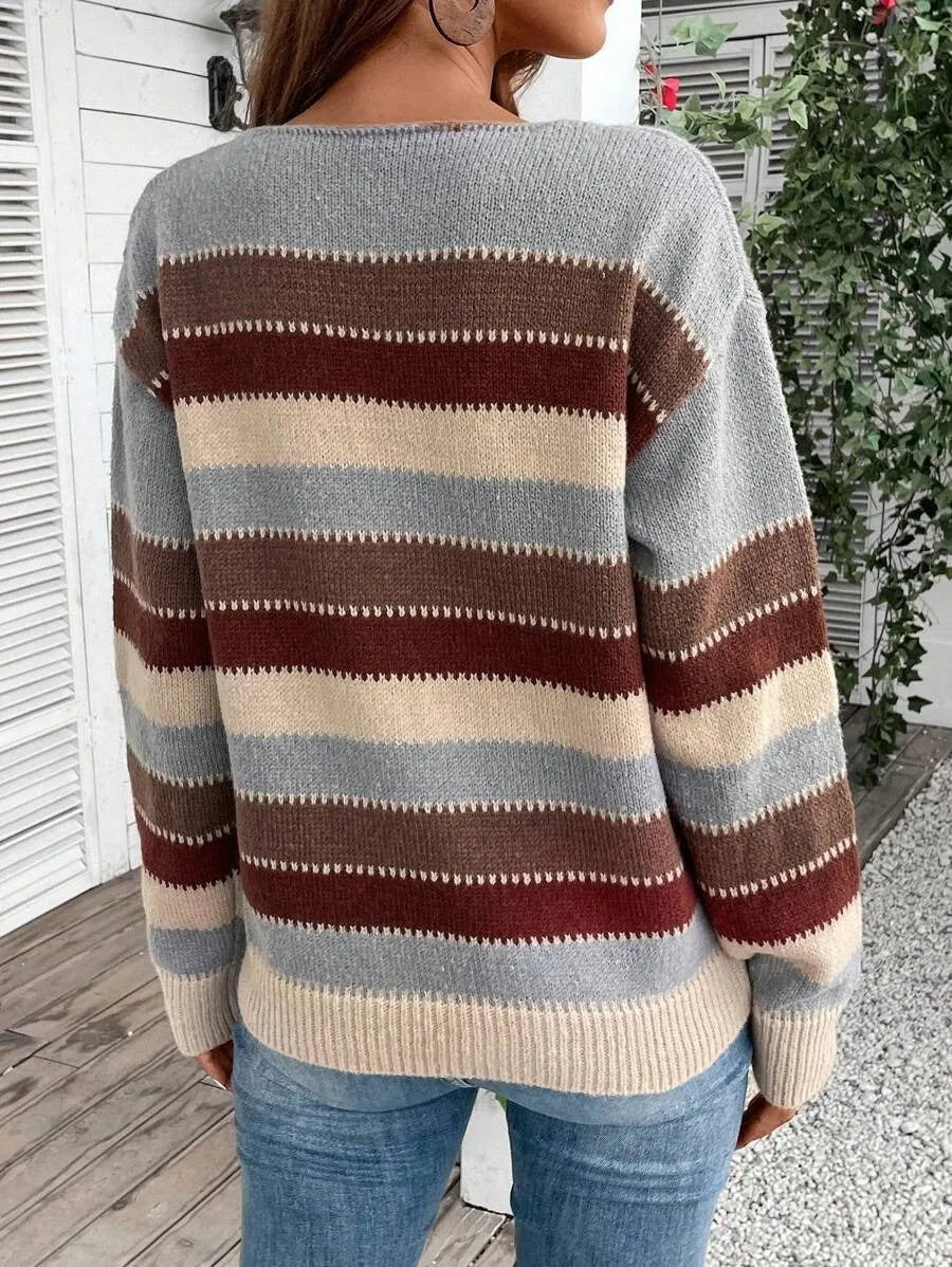Women's striped colourblock pullover sweater in polyester, long sleeve casual top.