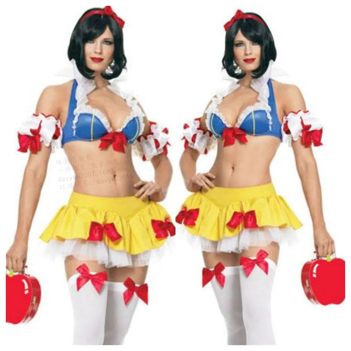 Snow White anime cosplay dress costume set with headdress, top, skirt, and sleeves