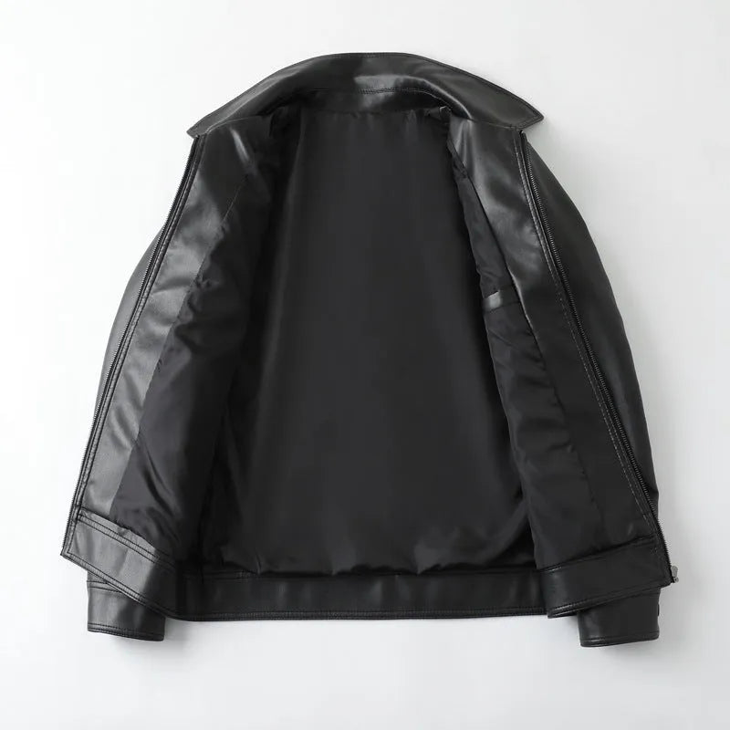 Men's black PU leather casual jacket with zipper pockets shown on a model.