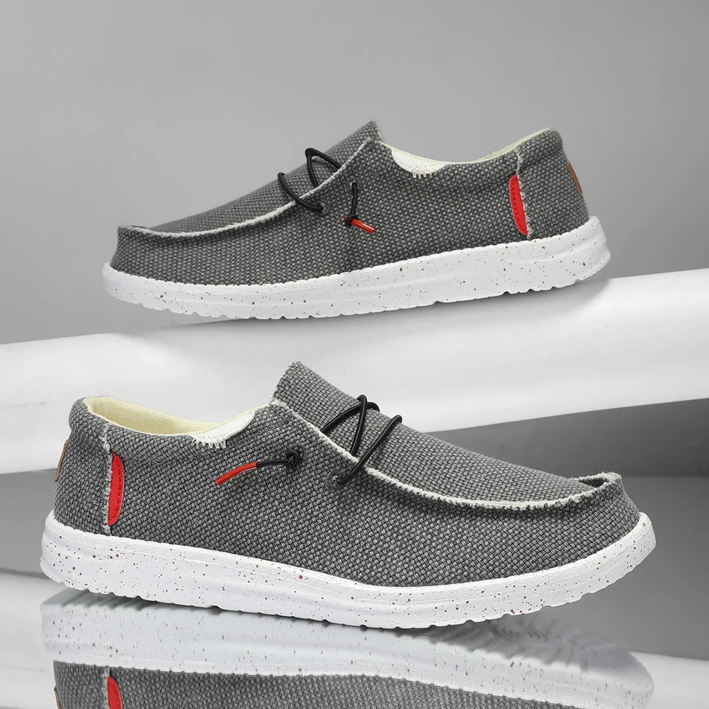 Men's laceless canvas shoes in black, grey, blue, or beige, low top with elastic band, sizes 40-48