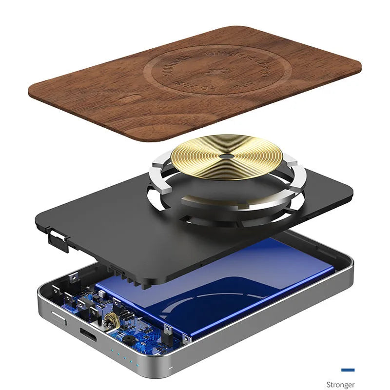 Khaki magnetic wireless charging bank with 5000mAh capacity measuring 102mm x 63mm