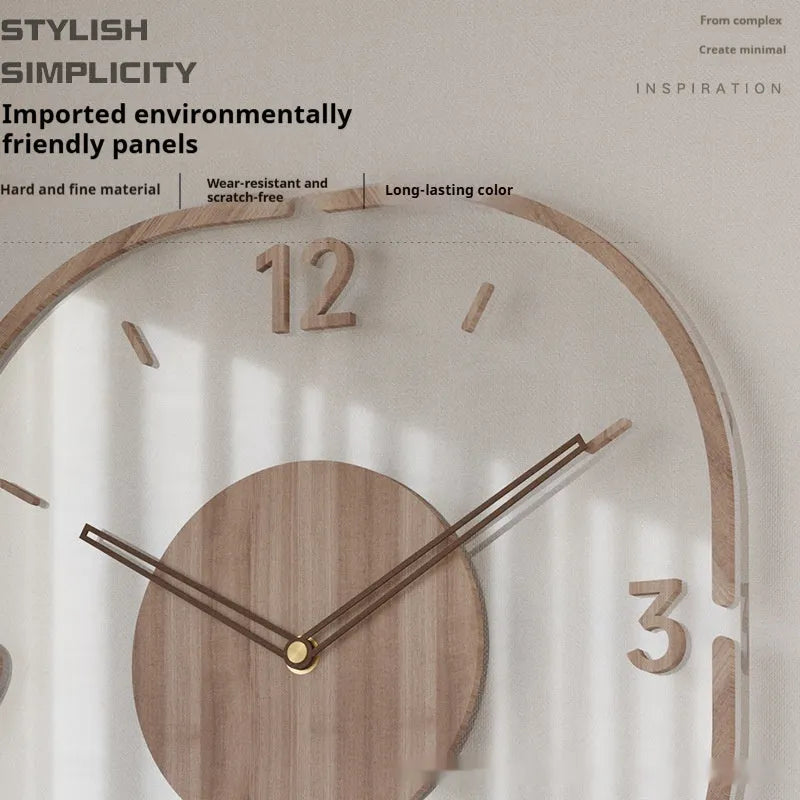 Modern transparent wooden wall clock with square 35cm dimensions showing clear dial and wooden frame