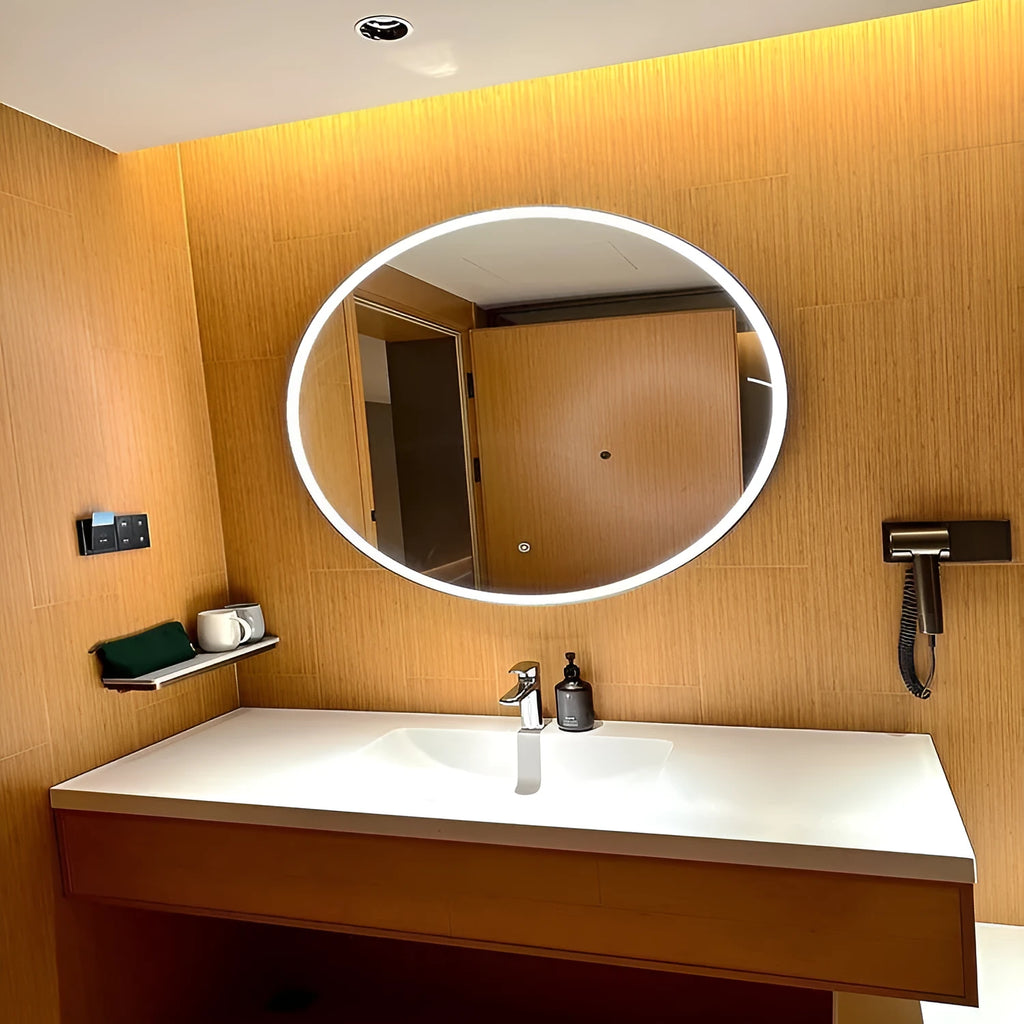 Round smart bathroom mirror with black aluminum alloy frame and LED light in white warm and neutral modes