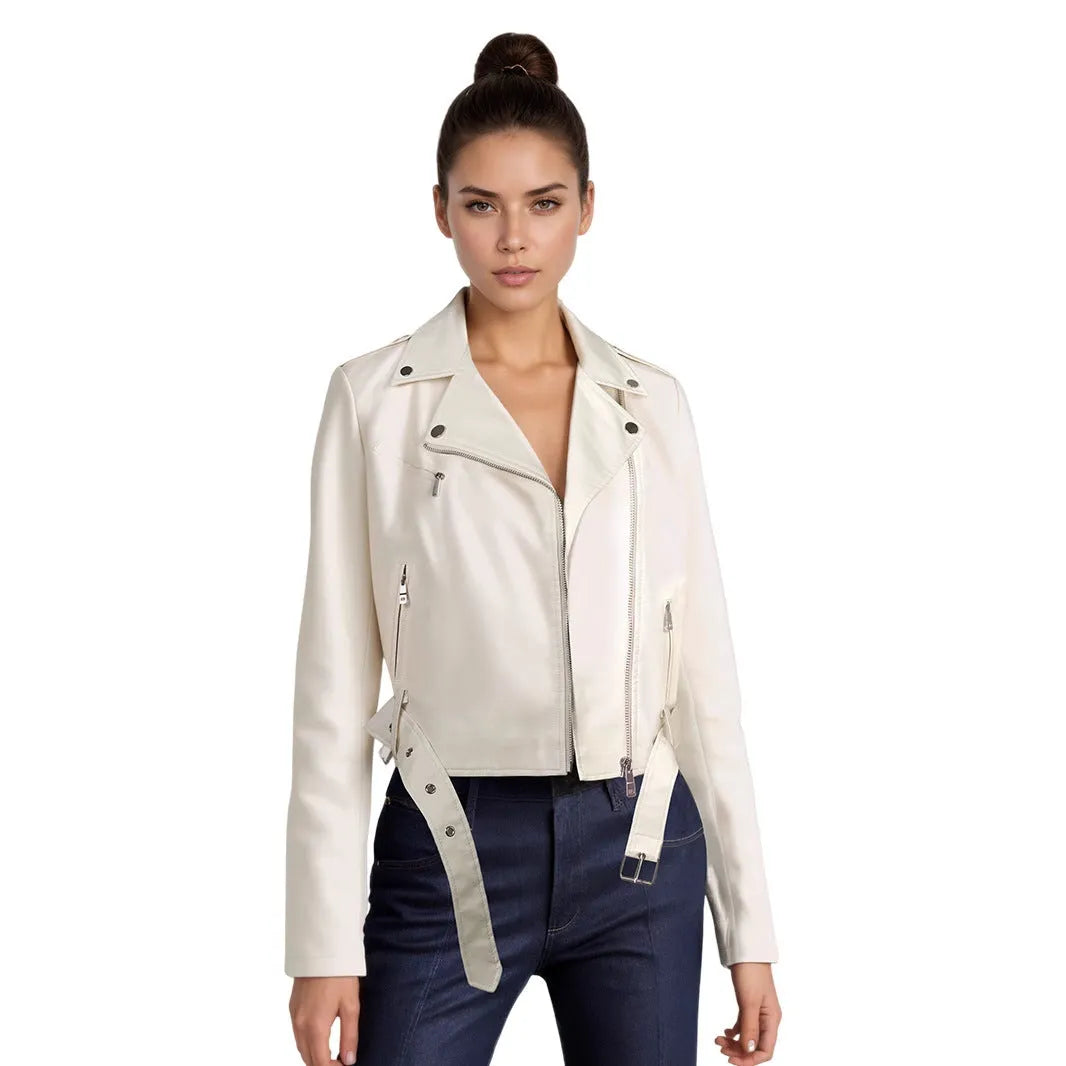 Women's black PU leather motorcycle jacket with lapel collar and waist belt