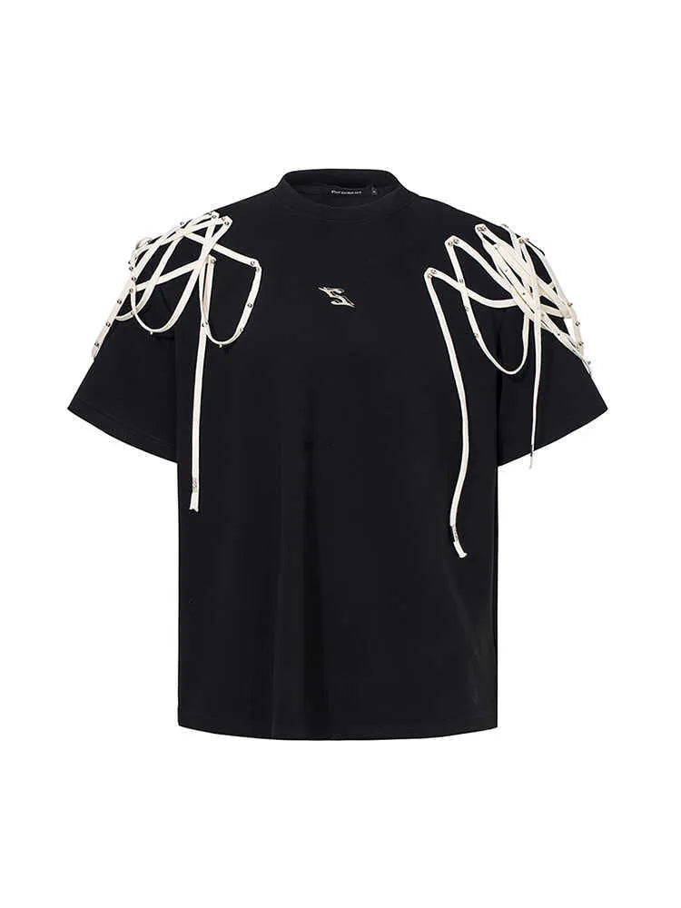 Black short-sleeved T-shirt with padded shoulders and rivet ribbon detail in loose fit style