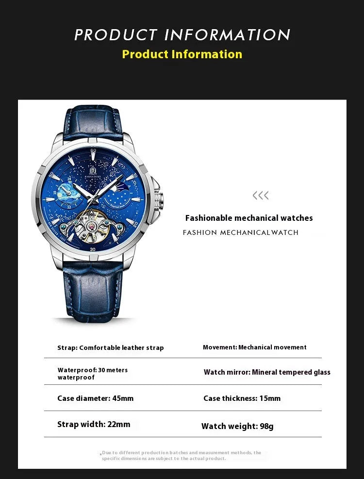 Men's blue dial automatic mechanical watch with stainless steel case