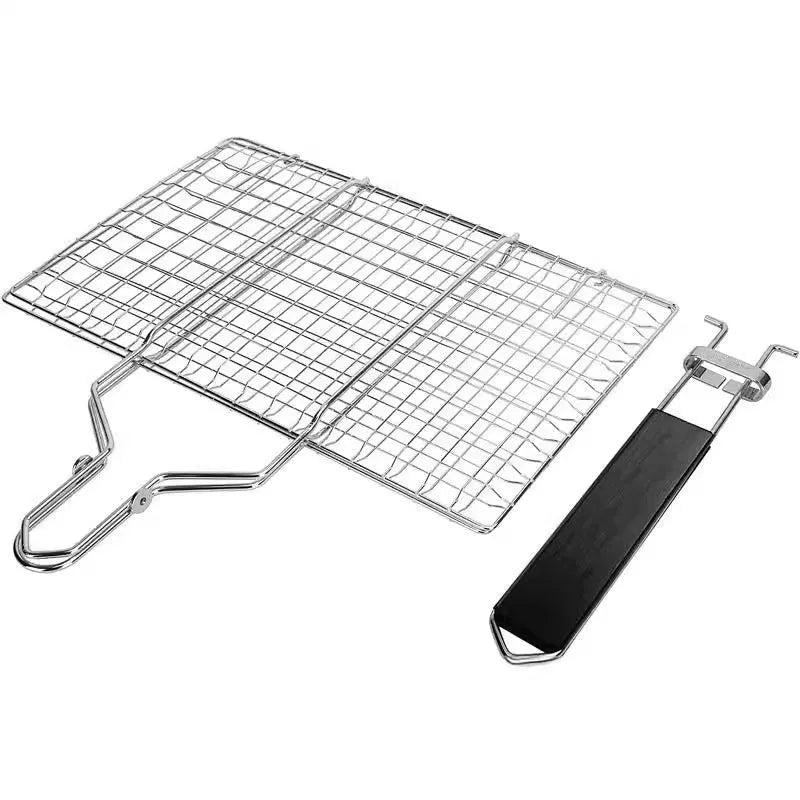 Stainless steel square folding barbecue grill mesh basket with cleaning brush