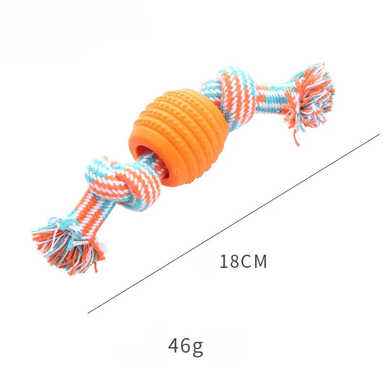 Blue soft dog chew toy with molar-shaped textured head and integrated knotted rope for dental care.