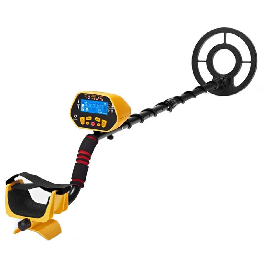 Black and yellow GC1028 professional metal detector with LCD display and waterproof search coil.