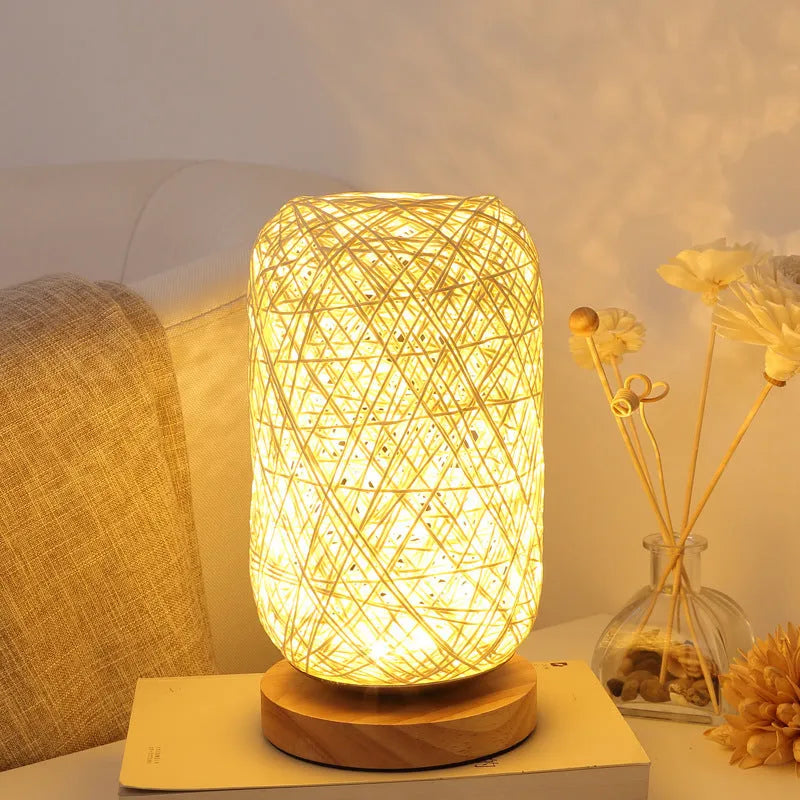 Brown woven hemp rope Sepak Takraw desk lamp with solid wood base and USB cable