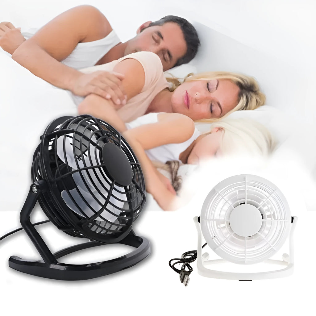Adjustable mini USB desk fan in black colour with tilt mechanism and USB cable
