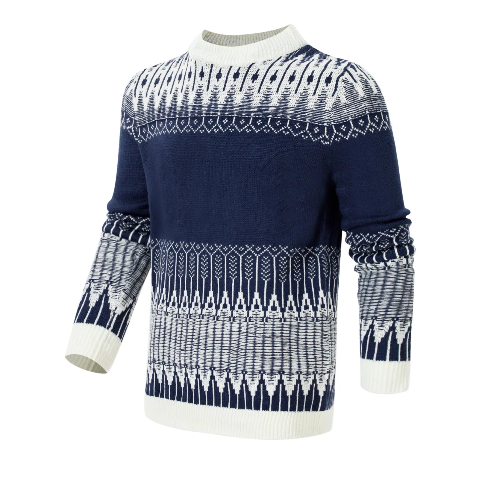 A men's long-sleeved knitted pullover sweater shown in one of five available styles.