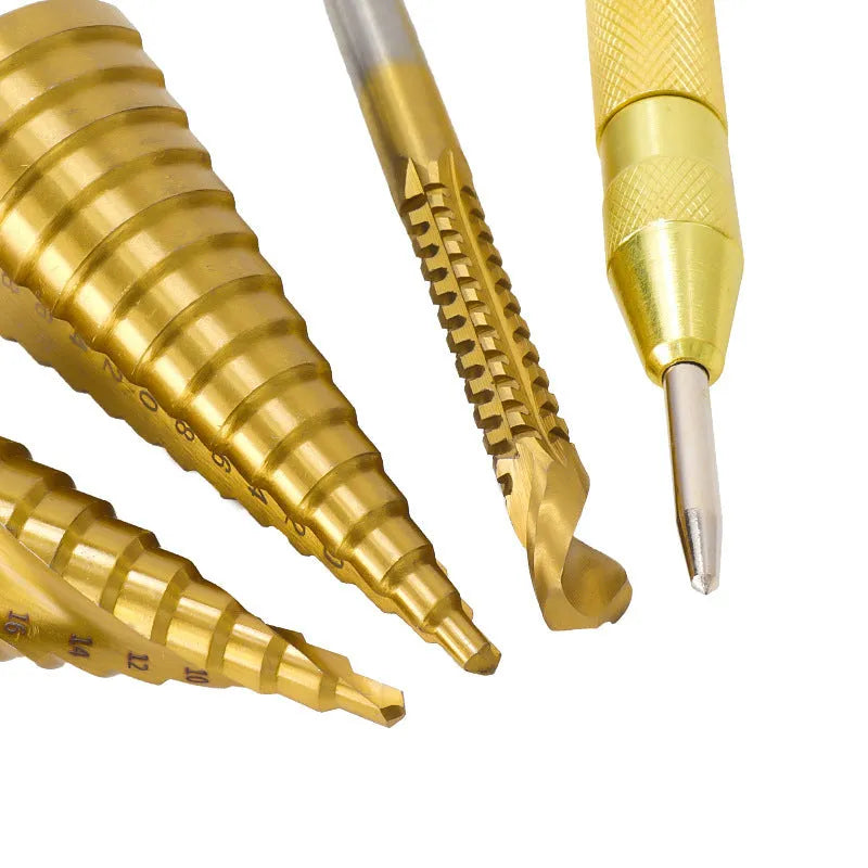 High-speed steel cone drill bit punch set with centre punch in six colour-coded configurations