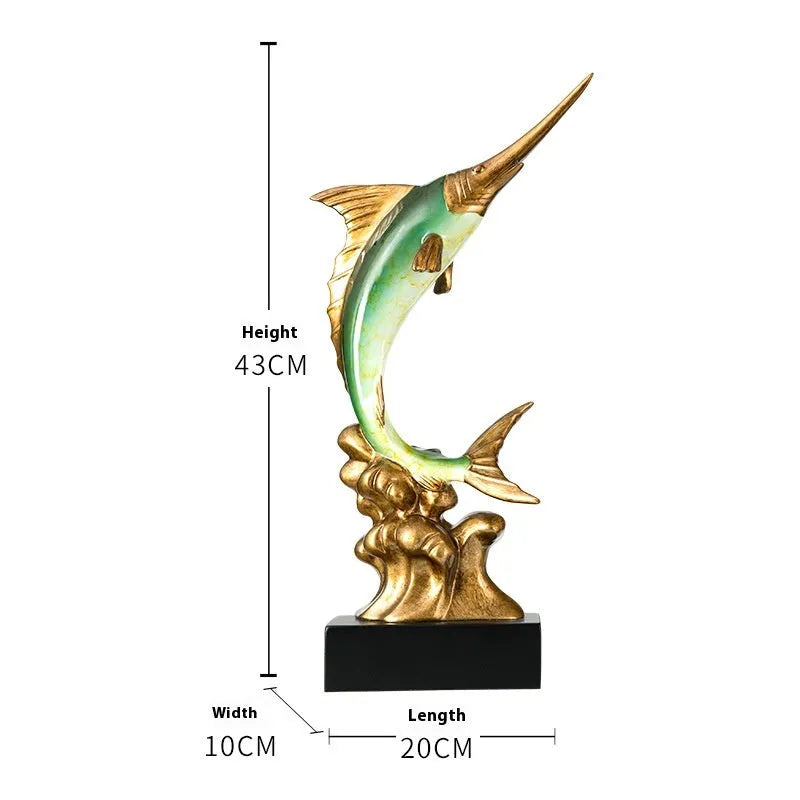 Detailed resin European swordfish decoration in a choice of four colours on a shelf.
