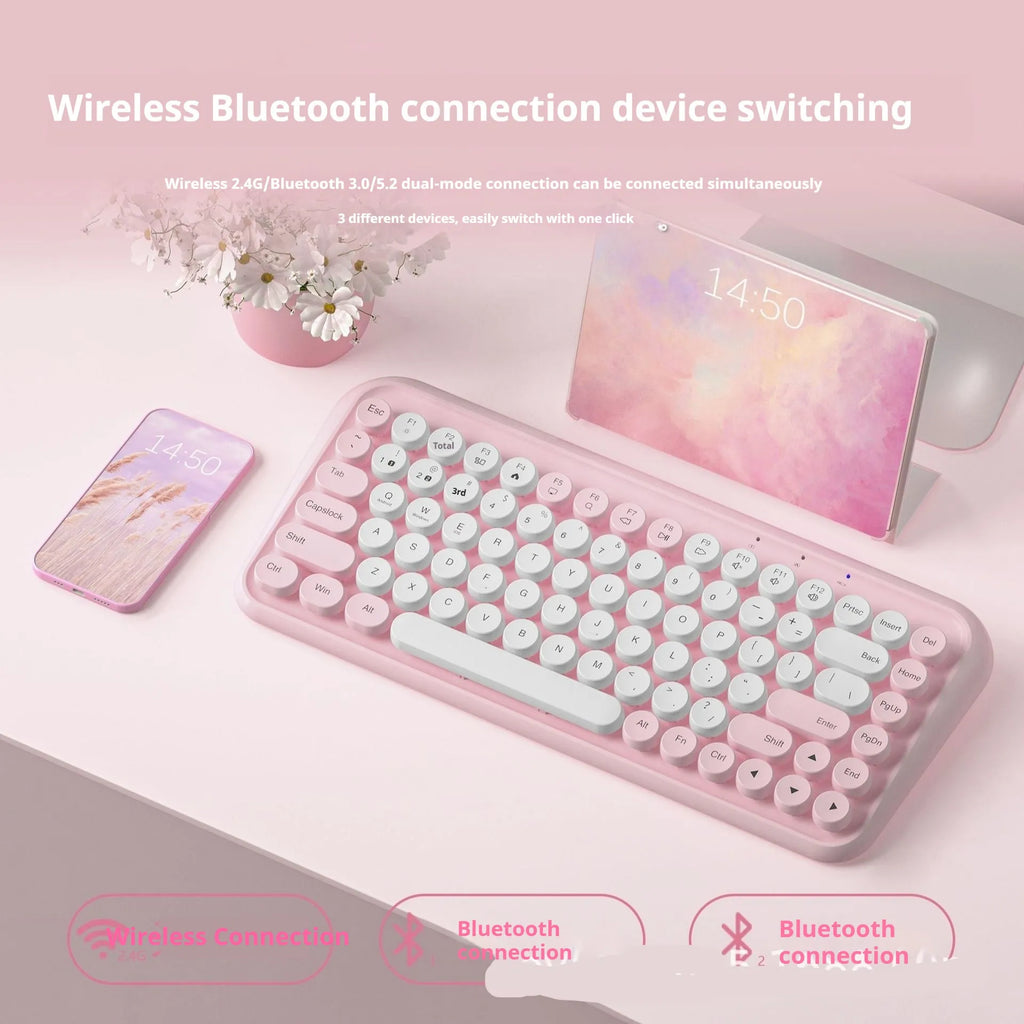 Pink dual-mode Bluetooth portable keyboard with silent keys and compact design