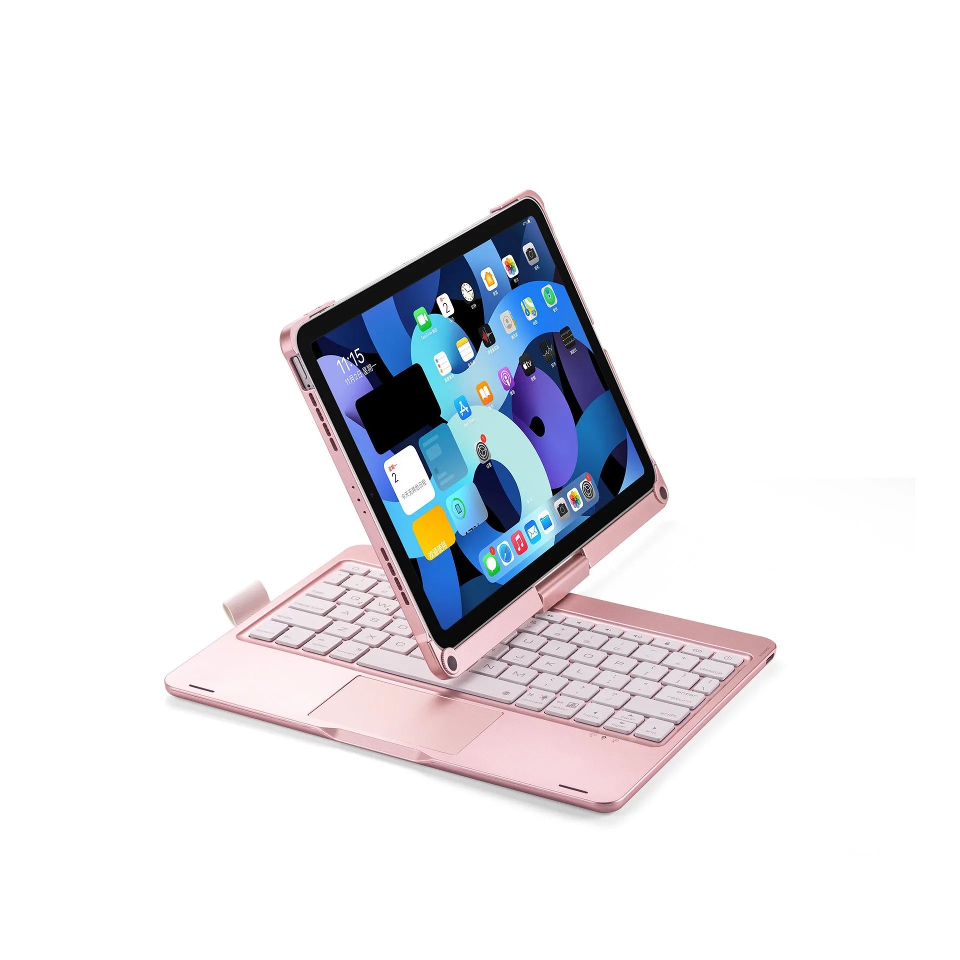 Miaocontrol rotating Bluetooth keyboard attached to iPad showing 360-degree hinge adjustment with touch keys
