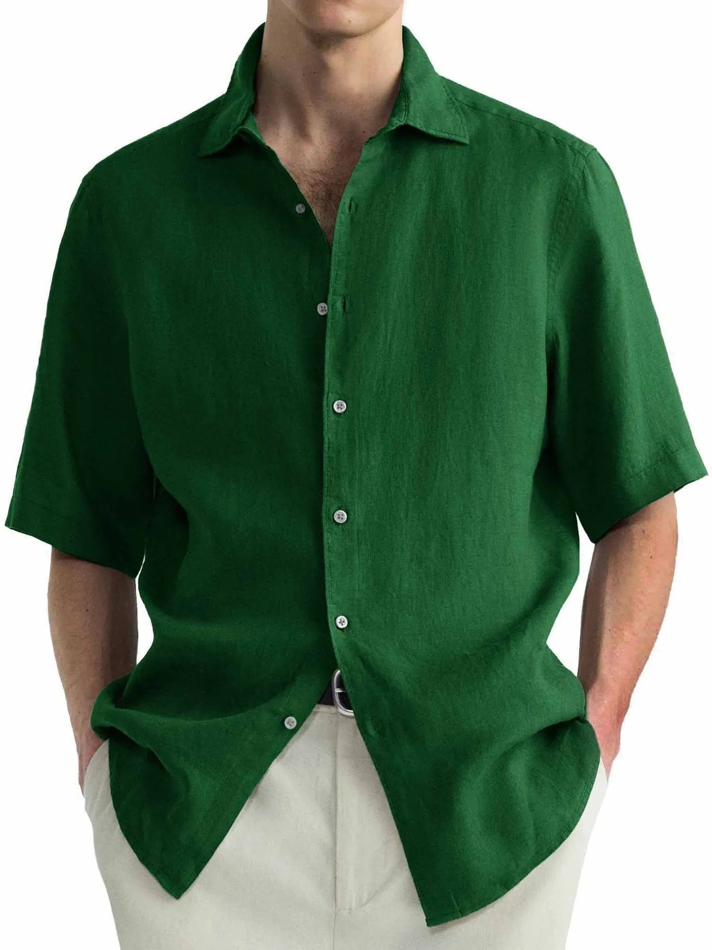 Green washed cotton men's shirt and trousers set in cardigan style