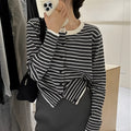 French style striped women's cardigan coat in dark grey with white stripes, slim fit with 40cm length