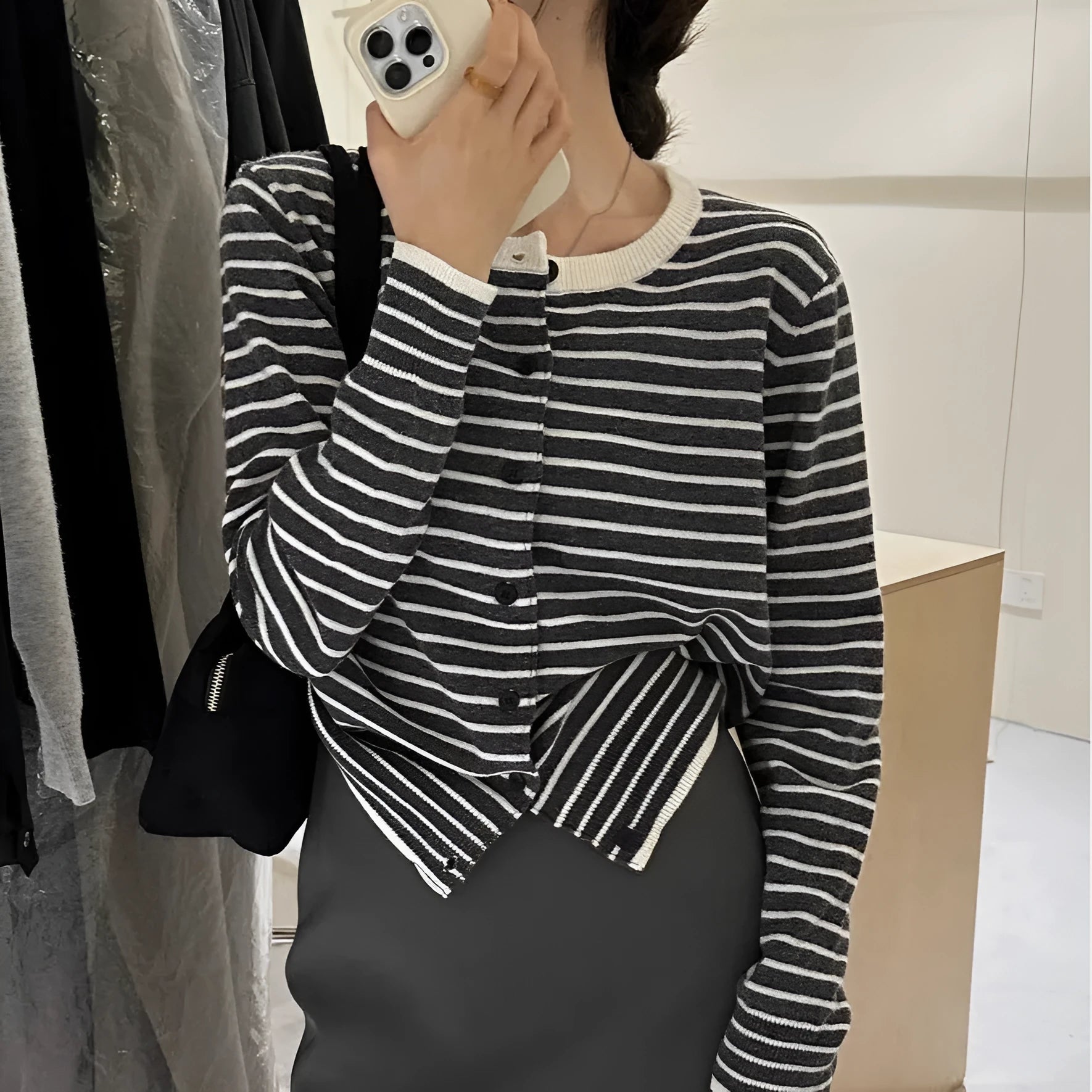 French style striped women's cardigan coat in dark grey with white stripes, slim fit with 40cm length