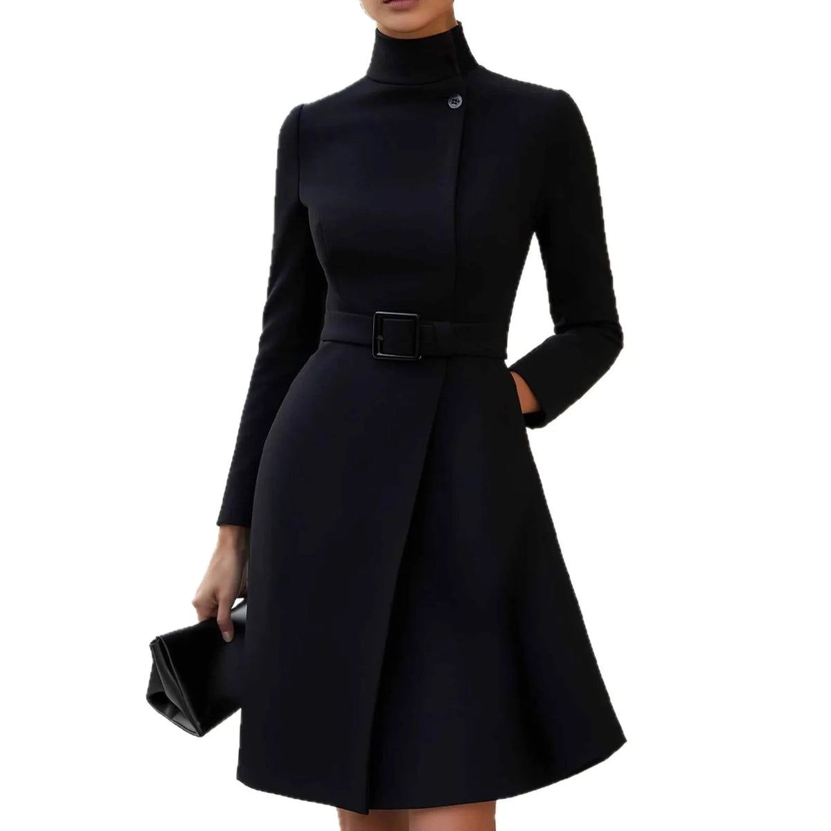 Women's long sleeve Bohemian style dress with stand collar and high waist in black colour