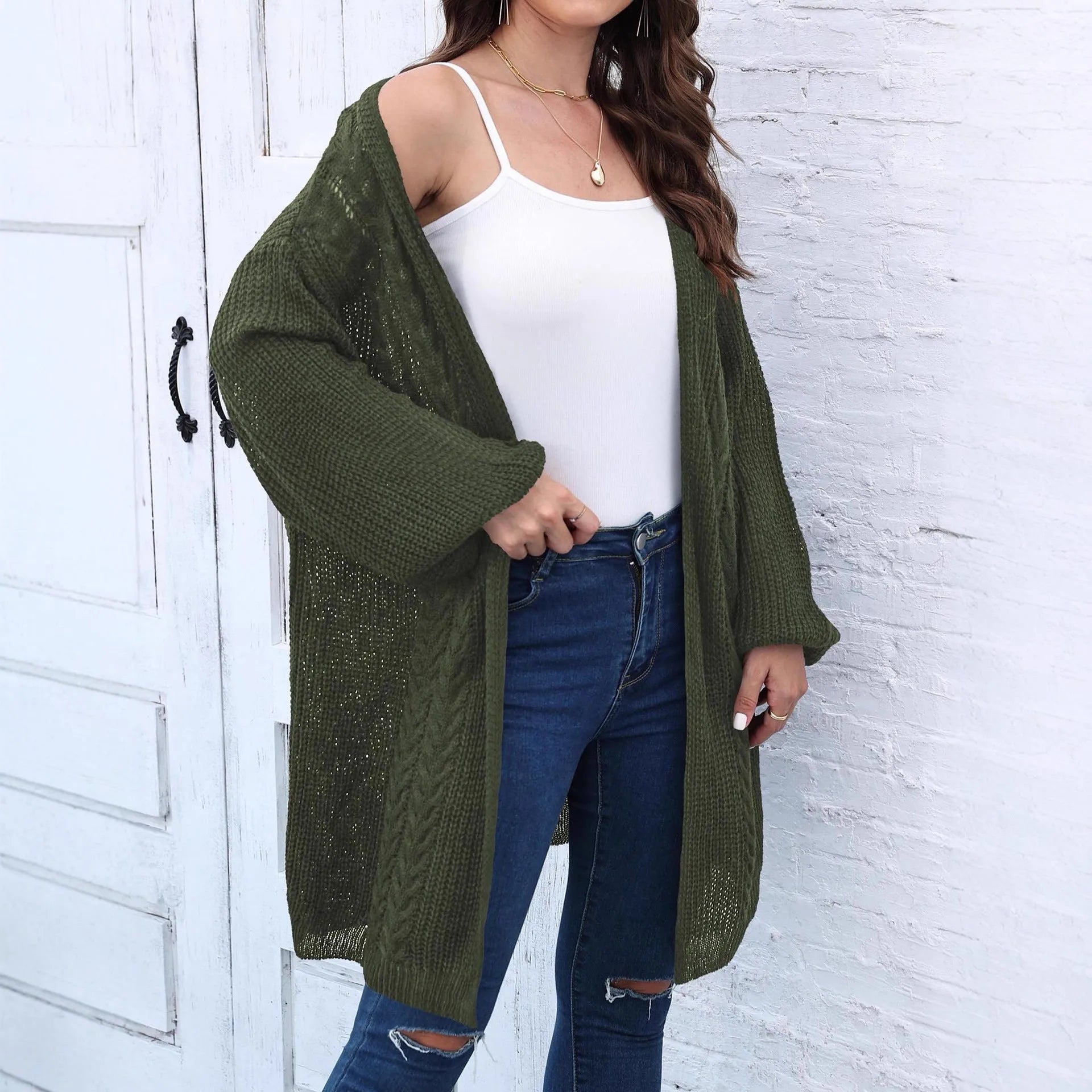 Women's loose acrylic sweater coat cardigan in solid colour options including army green, black, brown, light grey, and rose red