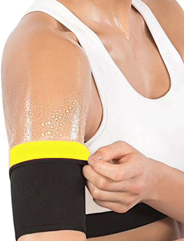 Blue and silver arm compression sweatbands shown in various sizes for sports and yoga.
