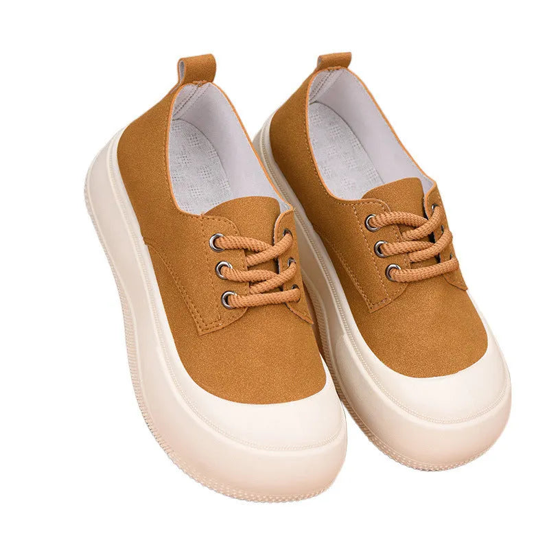 Women's camel suede platform loafers with round toe and lace-up front on flat 4cm heel