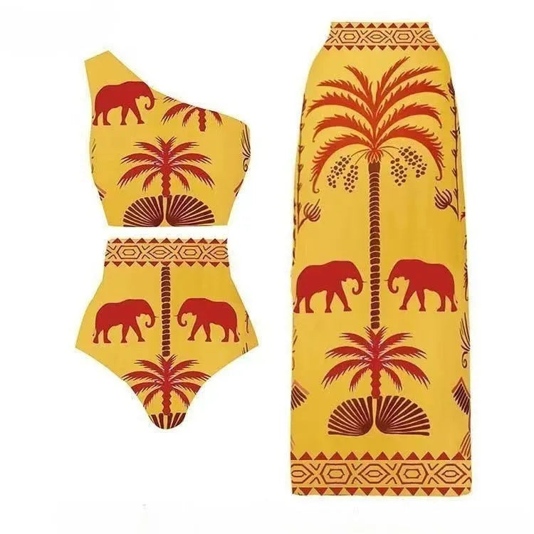 Women's black one-piece polyester swimsuit on a hanger, with alternative yellow and printed styles shown.