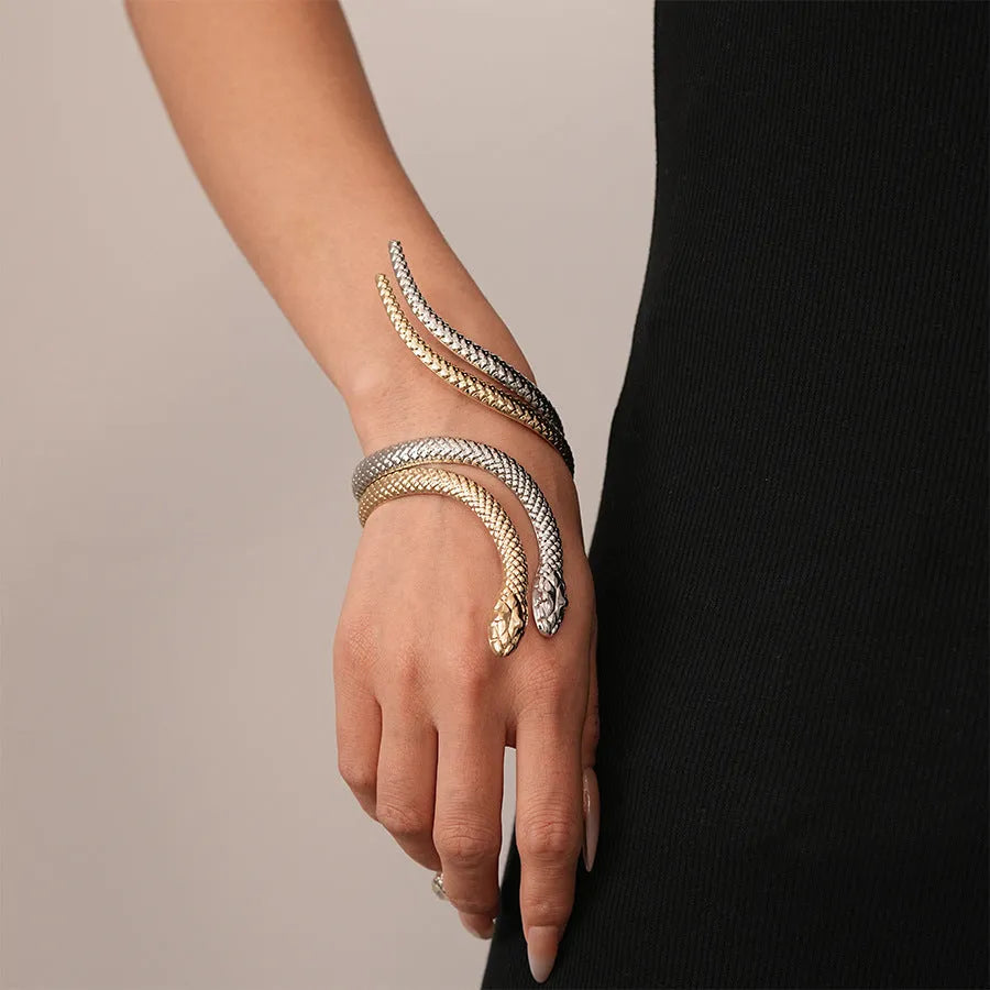 Gold and silver snake ring bracelet set with exaggerated twisted winding design