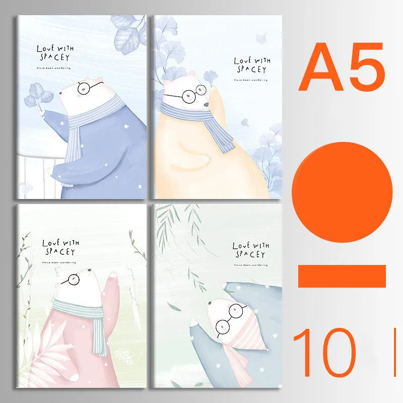 Ten soft cover kraft paper notebooks with thread binding in A5 and B5 sizes showing multiple design styles