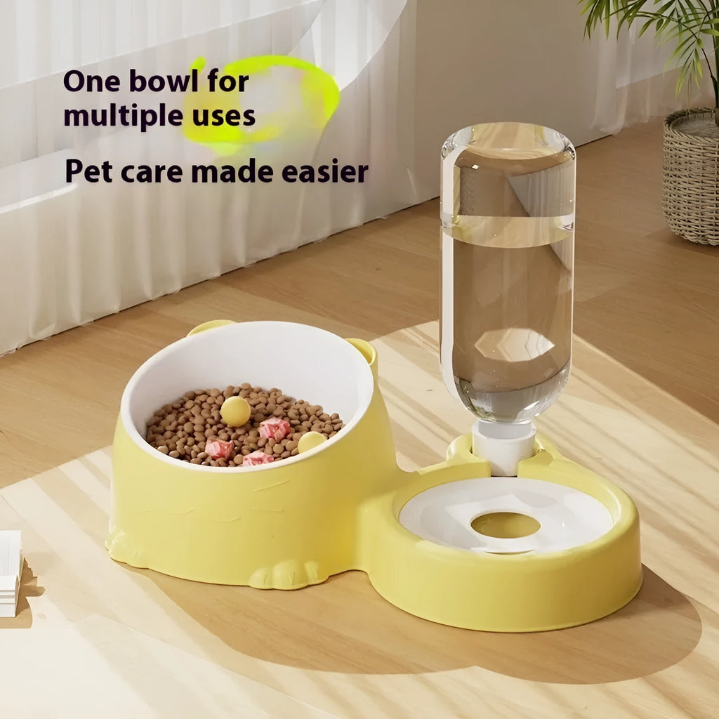 Grass green double bowl cat feeding basin with automatic drinker and ceramic base.